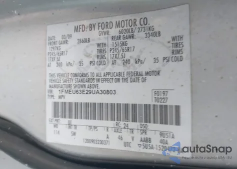 2009 Ford Explorer Xlt z USA, uszkodzony, nr VIN 1FMEU63E29UA30803